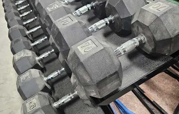 24 Rubber Hex Dumbbells w/ Commercial Rack – USED
